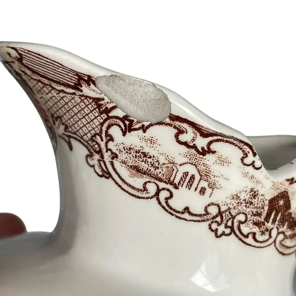 Brown Transferware Ironstone Pitcher & Plate Pastoral Vintage Small FLAWED